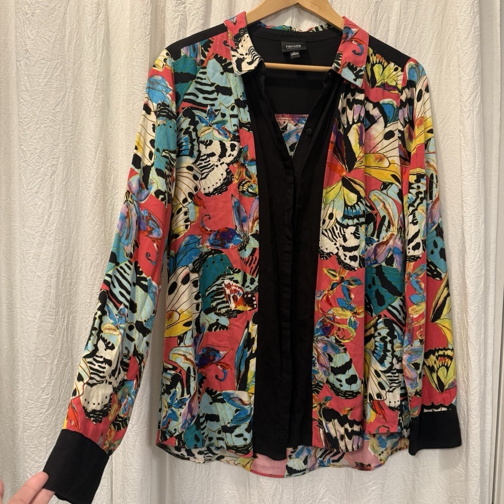 Nicole Miller Blouse Womens Butterflies Button‎ Down Shirt Top Large Multicolor
